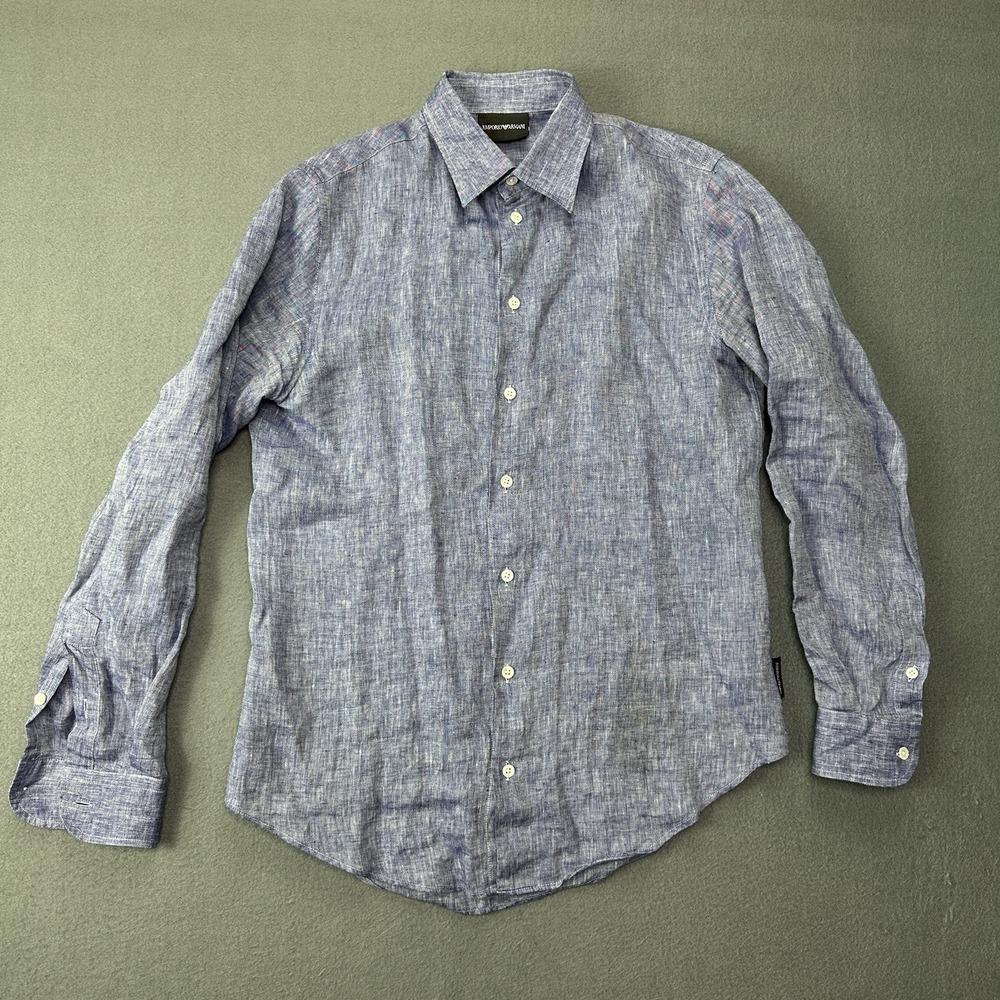 Emporio Armani Shirt Men Small 100% Linen Long Sleeve Button Down Designer Blue
